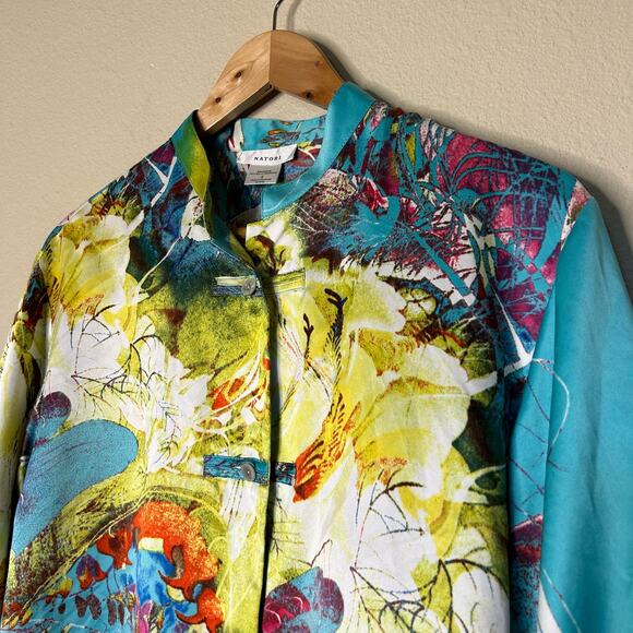 Natori Top Asian Art to Wear Haori Influenced Satin Stand Up Collar Size S - Picture 2 of 10